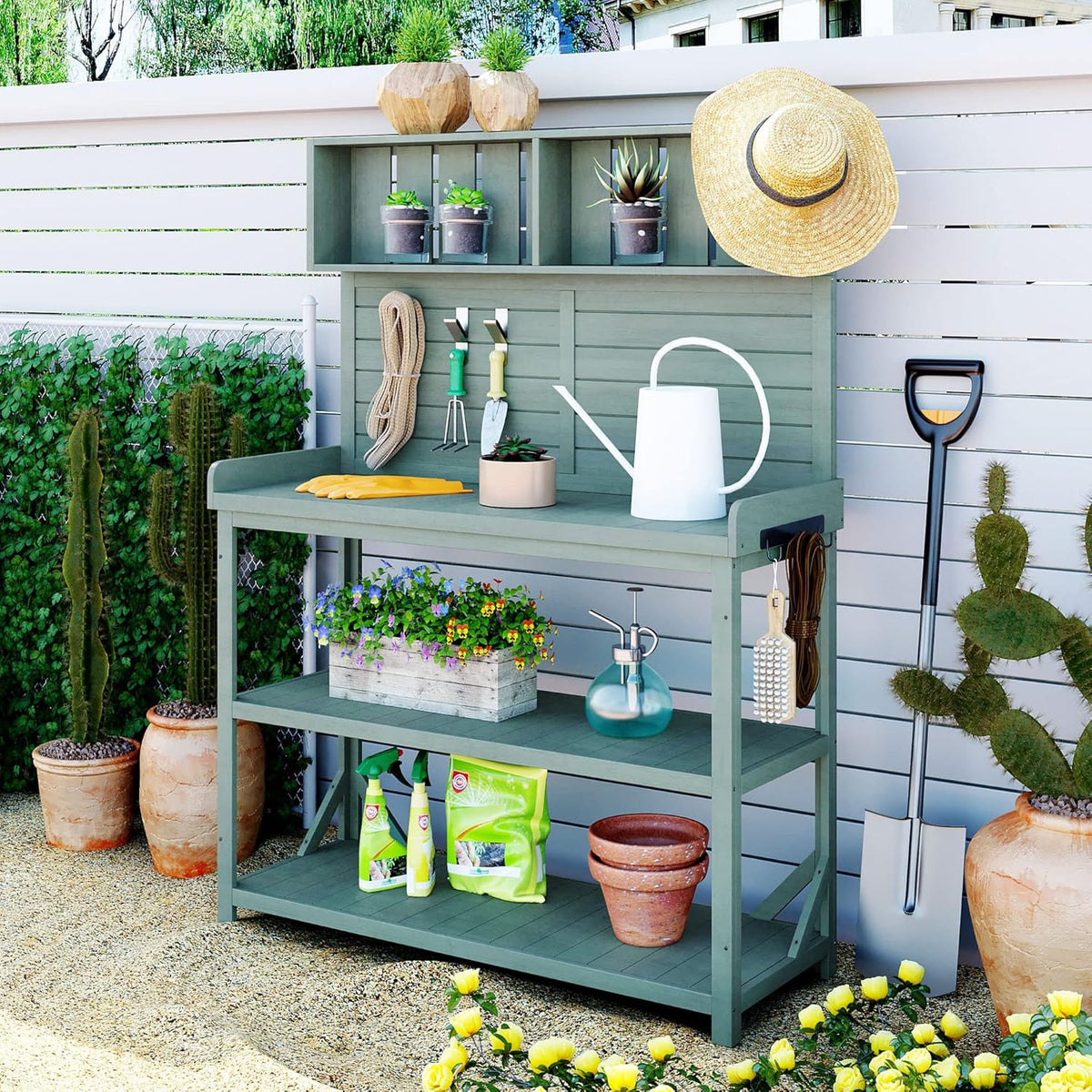 Merax 65" Large Wooden Farmhouse Rustic Outdoor Potting Bench Table with 4 Storage Shelves and Side Hook, Patio Workstation, for Garden, Backyard, Green