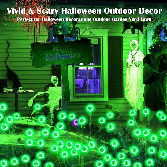 4 Pack Green Solar Eyeball Halloween Lights - Outdoor, Waterproof, Swaying Fairy Lights for Pathway, Yard, Garden Decorations