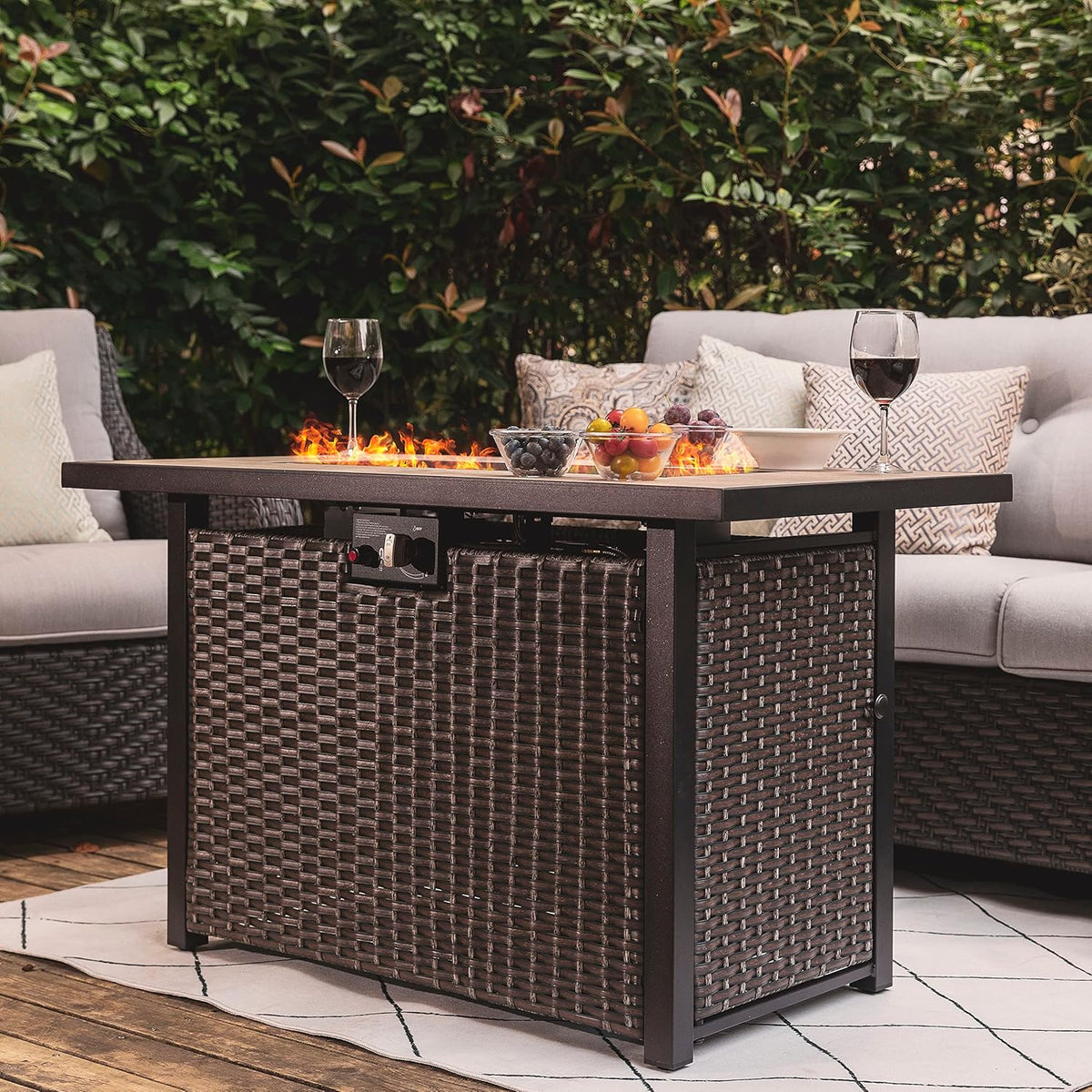 Nuu Garden Outdoor 43" 50,000 BTU Propane Gas Fire Pit Table, Ceramic Tabletop and Rattan Weaved Iron Frame, Water-Proof Oxford Cover, Glass Wind Guard, Glass Beads, Lid Included, Dark Brown & Coffee