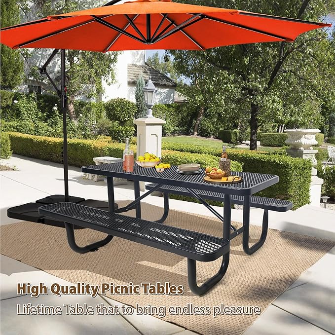 6FT Metal Picnic Tables for Outdoors, Commercial Rectangular Picnic Table and Bench Set for Outside, Patio, Garden, Backyard, Porch, Surface Mount, Black