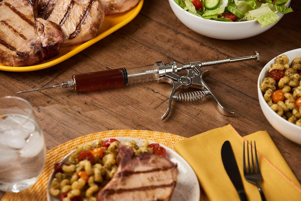J&B Goods Professional Automatic BBQ Meat Marinade Injector Gun Kit with Case, 2 oz Large Capacity Barrel and 4 Commercial Grade Marinade Needles.
