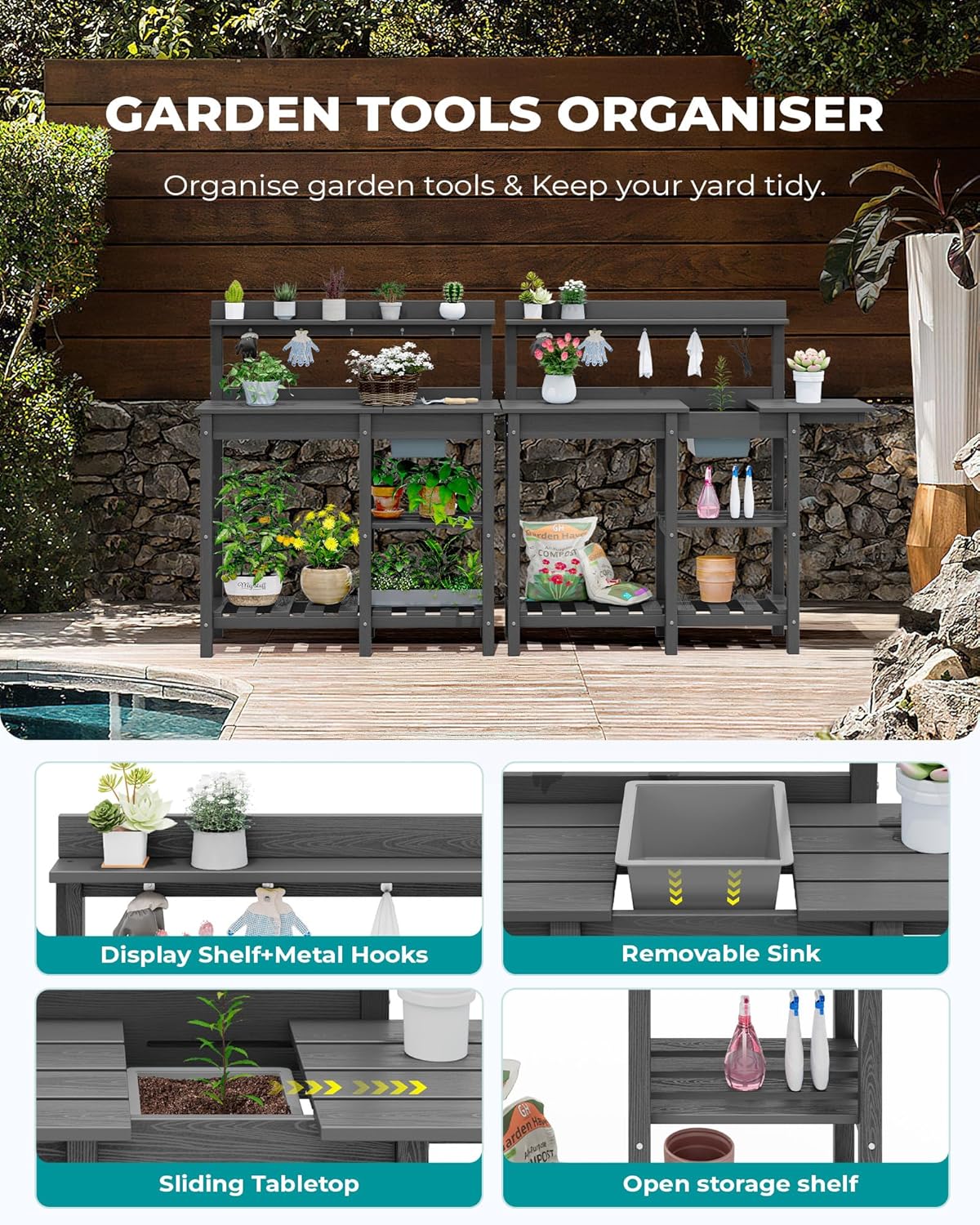 SERWALL Potting Bench Set of 2 Outdoor Potting Table with Sink, HDPE Potting Benches for Outside Gardening Table All Weather Use- Gray
