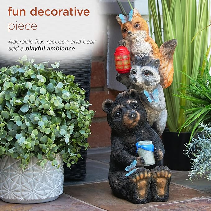 Alpine Corporation 19" Tall Outdoor Solar Powered Animal Friends Statue with LED Lights, Multicolor