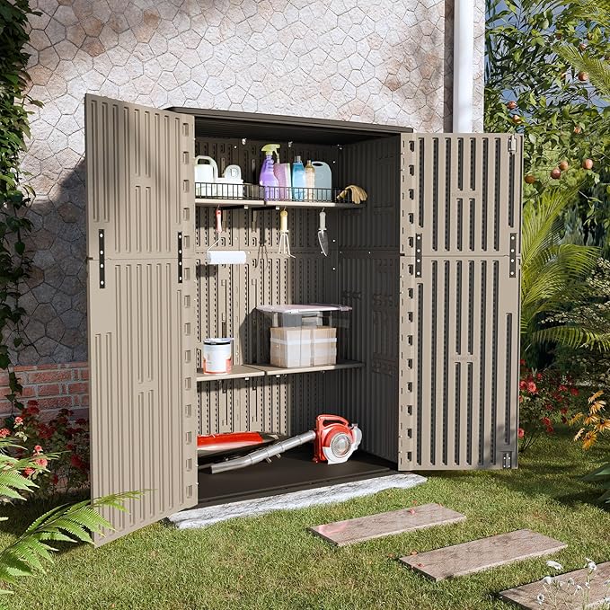 HOMSPARK Outdoor Storage Shed Weather Resistance, Patio Storage Cabinet Lockable Resin Tool Shed for Storage of Bike, Trash Cans, Garden Tools (Shallow Coffee, 66 Cu.ft)
