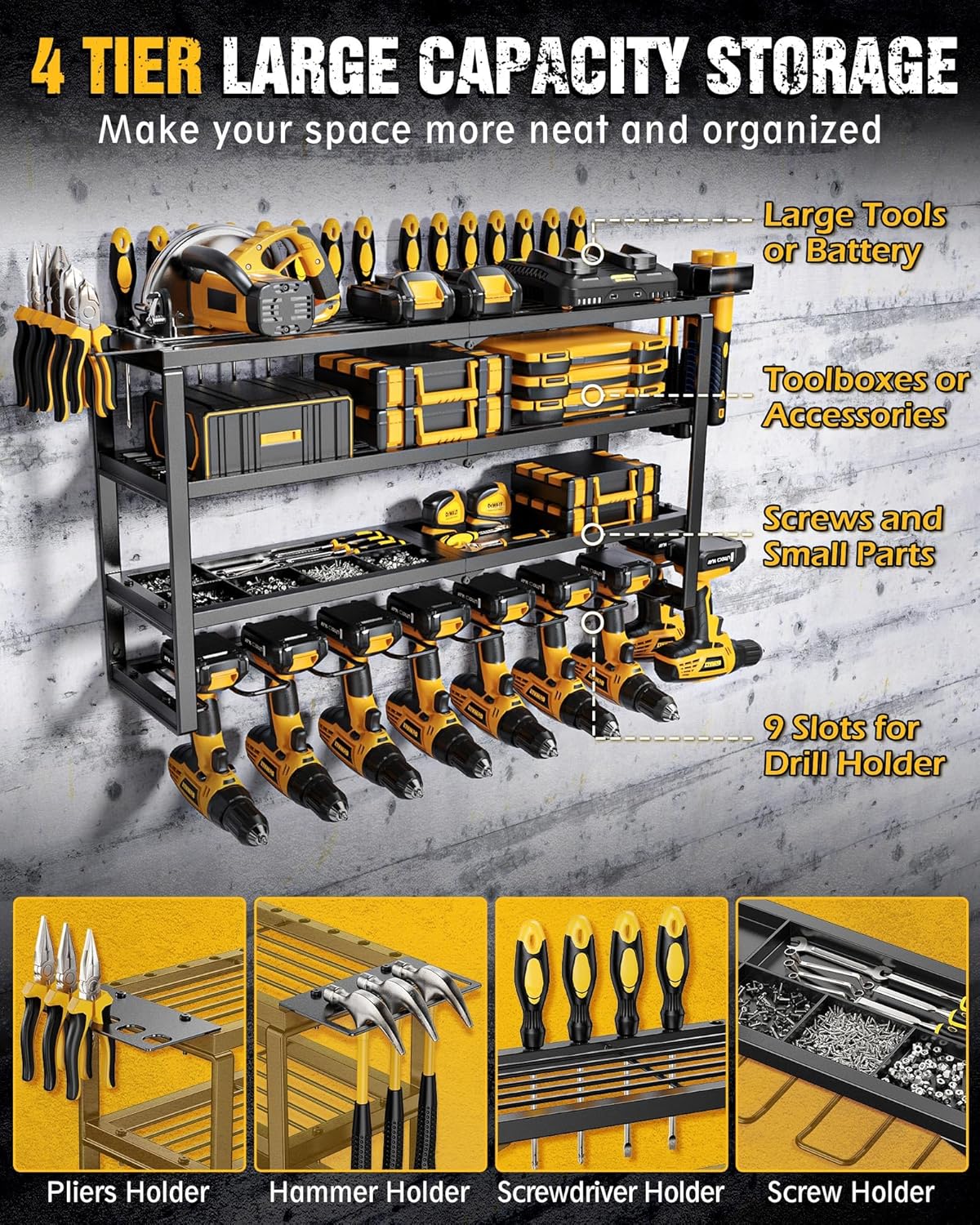 MAXIFFE 4 Layer Power Tool Organizer, 9 Drill Holder Heavy Duty Metal Wall Mount Cordless Tool Organizers and Storage Rack Holder for Garage Workshop Pegboard, Gifts for Men, Black, 32 inch