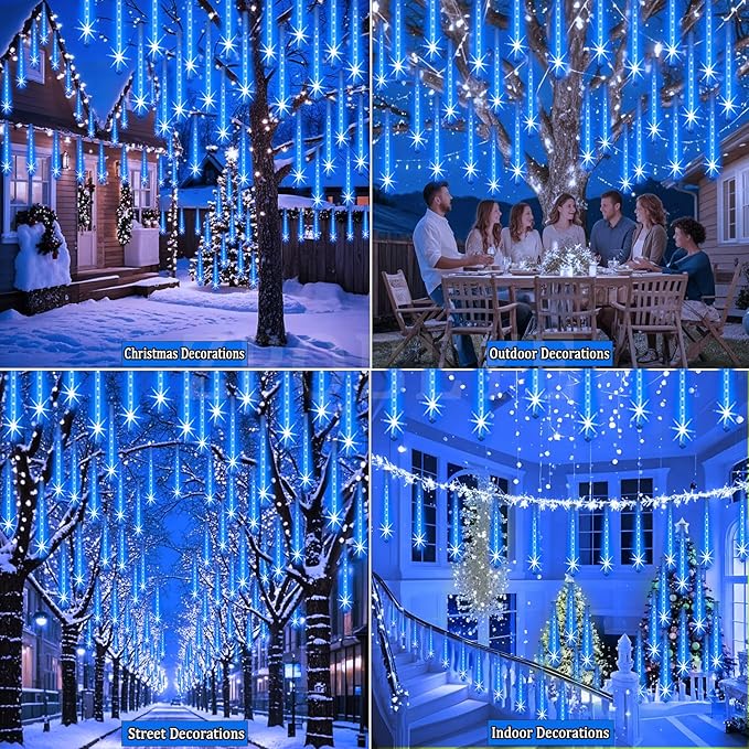 Christmas Lights Outdoor Meteor Shower Lights 24-Tube 576LEDs Snow Falling Rain Cascading Icicle Light for Xmas Tree Christmas Decorations Wedding Party Holiday Garden Decor, UL Plug Blue
