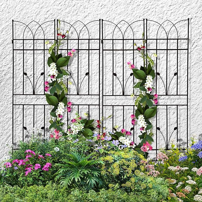 4 Pack Metal Garden Trellis 71" Black Fence Rustproof Garden Trellis for Climbing Plants Support Roses Flower Outdoor Lawn, Black
