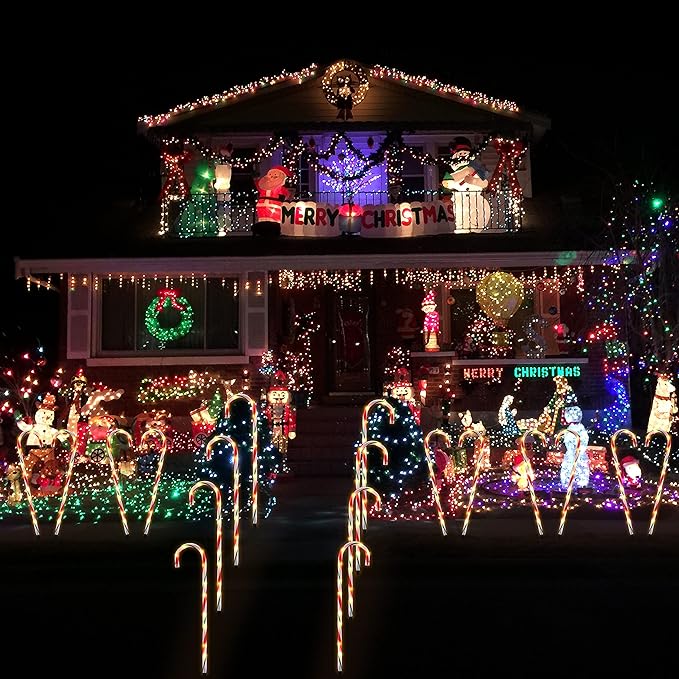 26" Candy Cane Lights Christmas Decorations - 10 Pack Pathway Markers Outdoor Yard Decorations, Candy Cane Lights for Walkway, Lawn, Garden, Xmas Indoor Ornaments, Red & Green (100 Lights Bulbs)