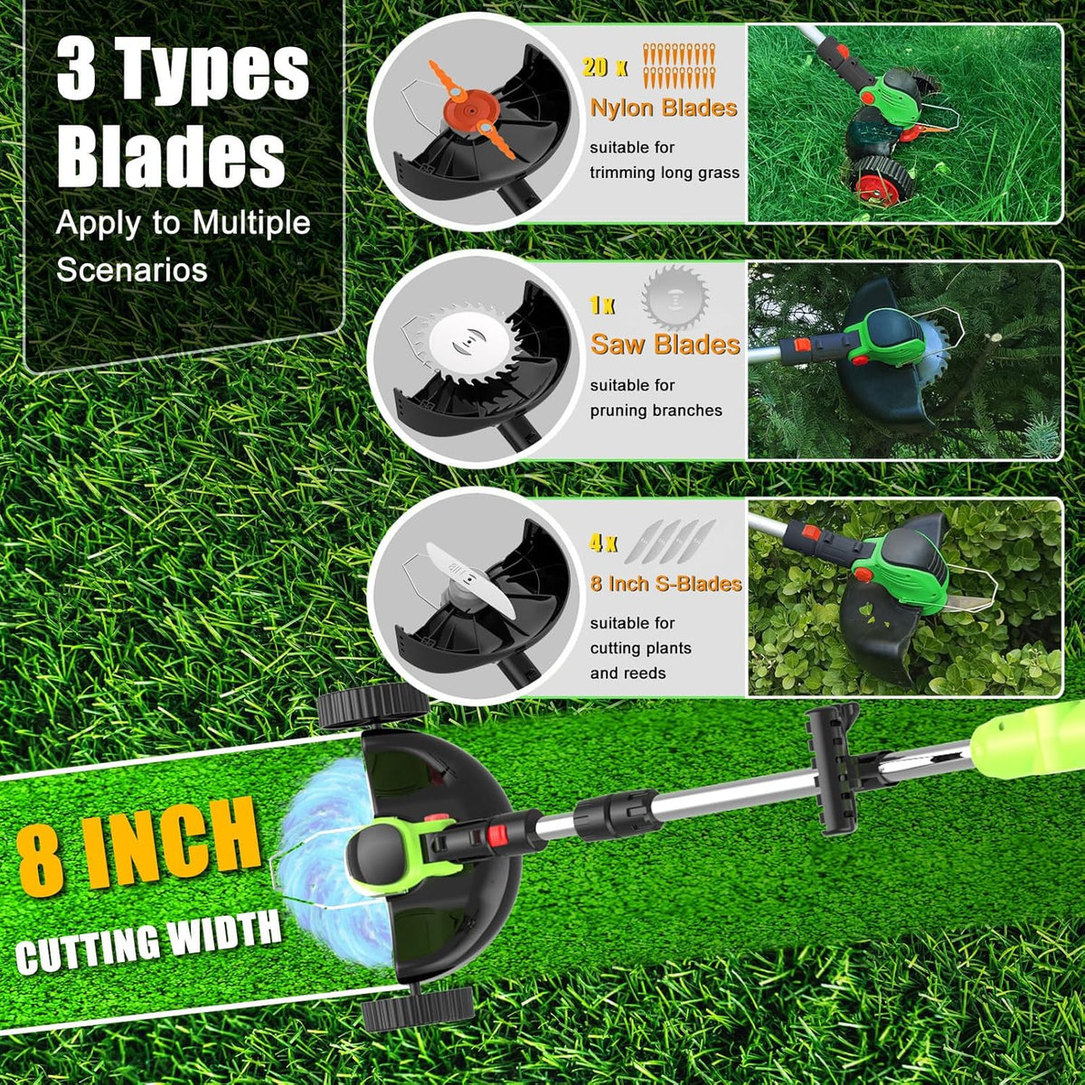 Cordless Electric Weed Wacker Battery Powered, 21v Lightweight Weed Trimmer Eater With 2 4.0Ah Battery Operated & Charger & Wheels & Shears, 3 In1 Grass Trimmer/Brush Cutter/Lawn Edger for Yard Garden