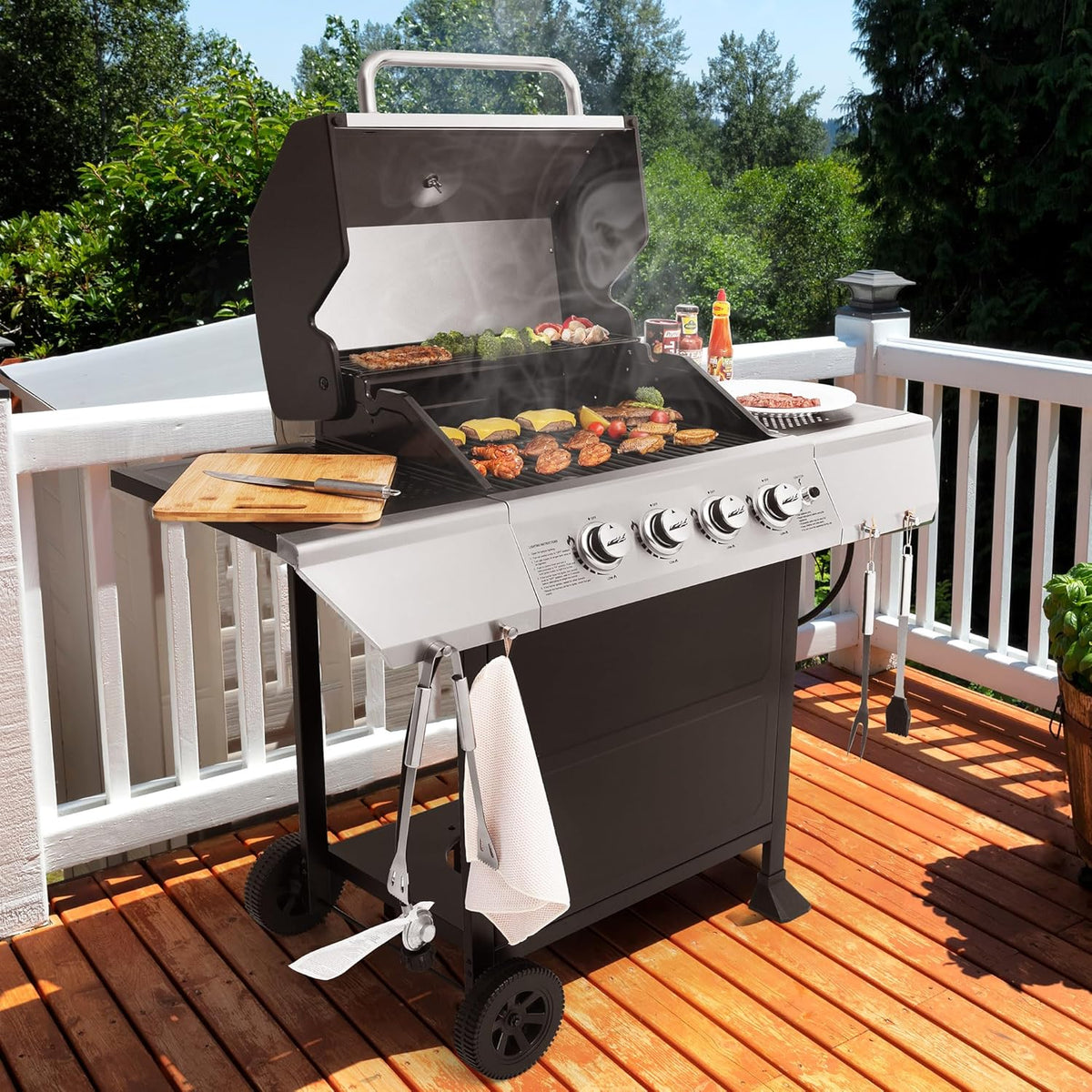 Royal Gourmet 4-Burner Propane Gas Grill with Warming Rack, Outdoor BBQ Grill with 34,000 BTUs Output for Patio Garden Barbecue Grilling, Black & Silver
