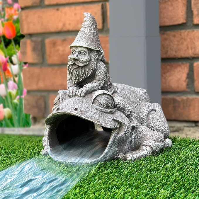 Gutter Downspout Extension - Downspout Splash Block - Downspout Diverter Garden Statue (Gutter in The Form of Funny Gnome on a Frog)