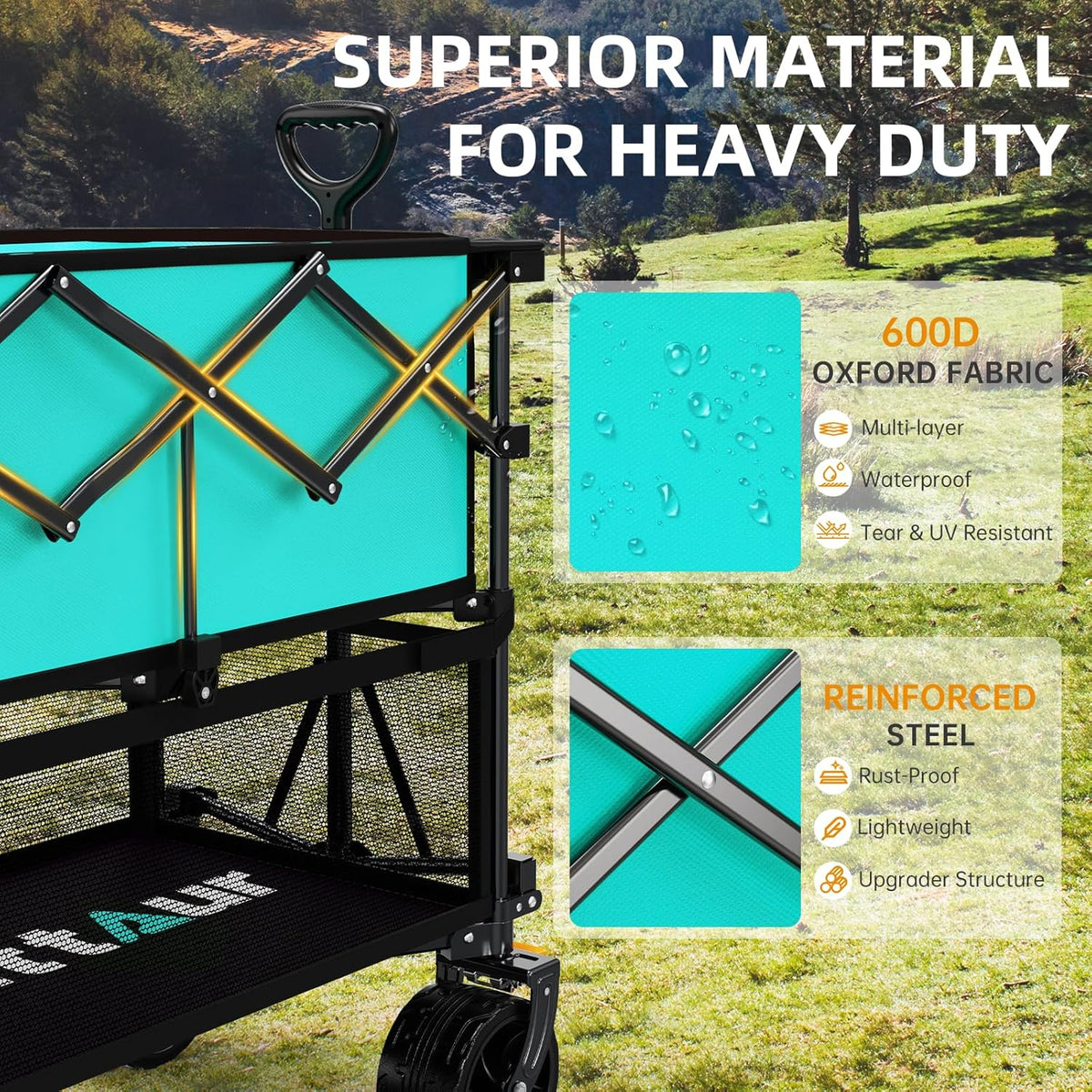 Foldable 50''L Extra Long Double Decker Wagon for Sport, 400L Collapsible Heavy Duty Wagon Cart with Big Wheels, Utility All-Terrain Large Extender Cart for Outdoors, Light Blue