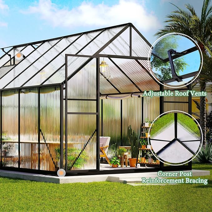 Amerlife 8x11.5x7 FT Polycarbonate Greenhouse for Outdoors, Walk-in Design with Aluminum Frame, 2 Windows and Swing Door, Heavy-Duty Greenhouse Construction for Garden, Black