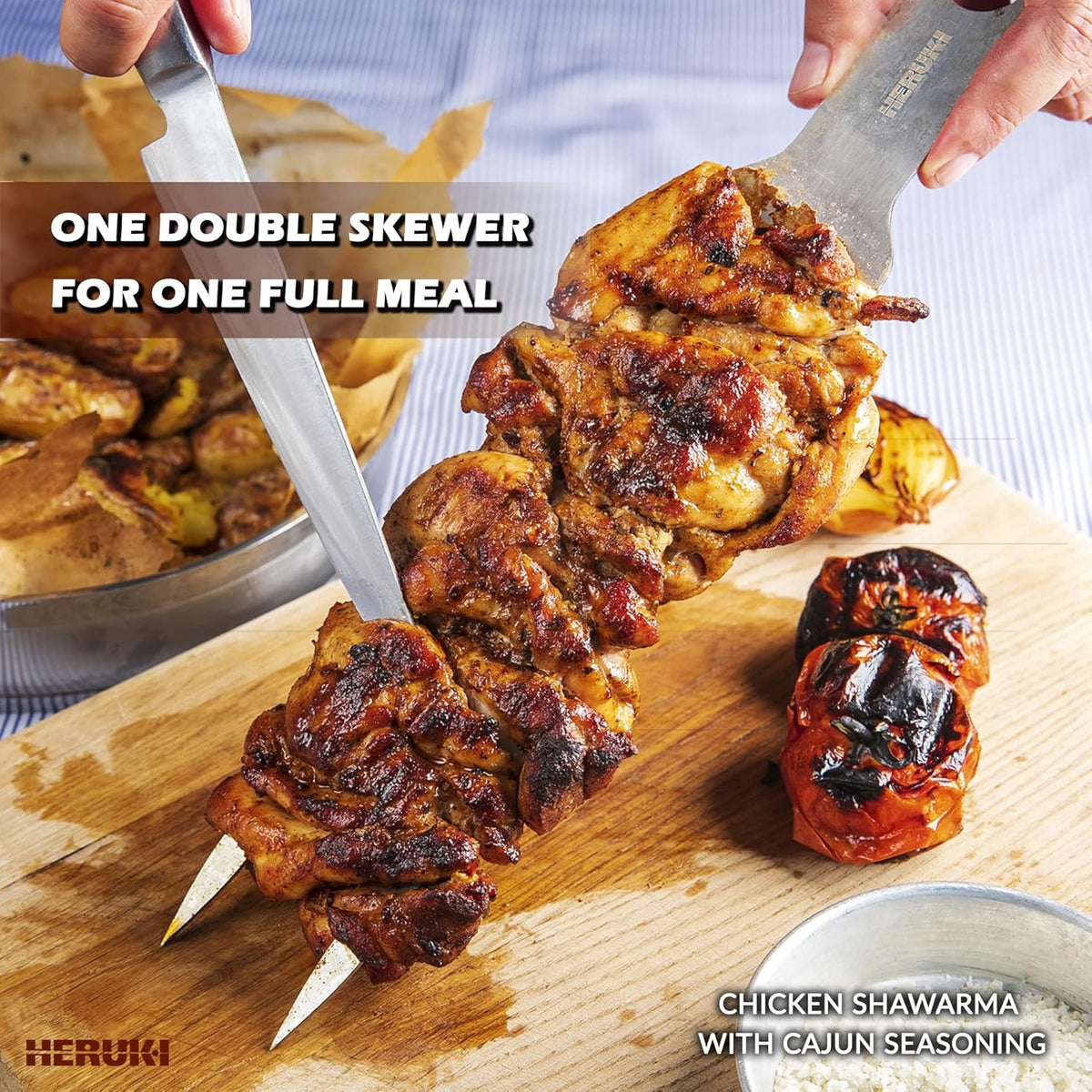 Double Skewers 14.4" Stainless Steel Heavy Duty Double Prong Skewers for BBQ Kabob Shawarma Meat Fish Chicken Gift for Valentine Accessories for Grill Master Arsenal - 2 Units (Silver and red)