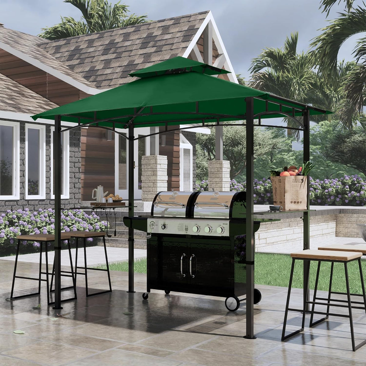 COOSHADE 8'x 5' Grill Gazebo Double Tiered Outdoor BBQ Gazebo Canopy with LED Light (Forest Green)