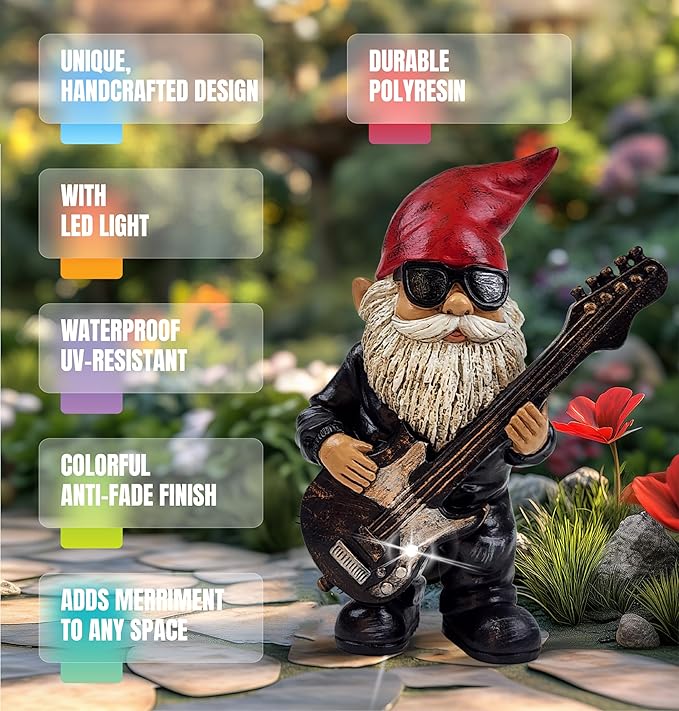 Better Office Products Garden Gnome Statue, 8" Height, Handcrafted Waterproof, UV-Resistant Polyresin Lawn Patio Porch Ornament Decoration (Rock Star with Solar Light)
