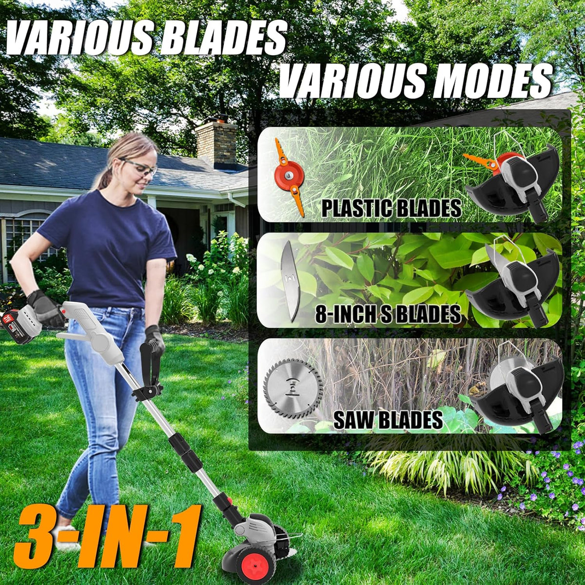 Electric Weed Wacker Cordless Eater, Battery Powered No String Grass Trimmer with 2 21V/4Ah Battery Operated&3 Types Blade&Wheels, Lightweight Weed Trimmer/Edger Lawn Tool for Garden Yard