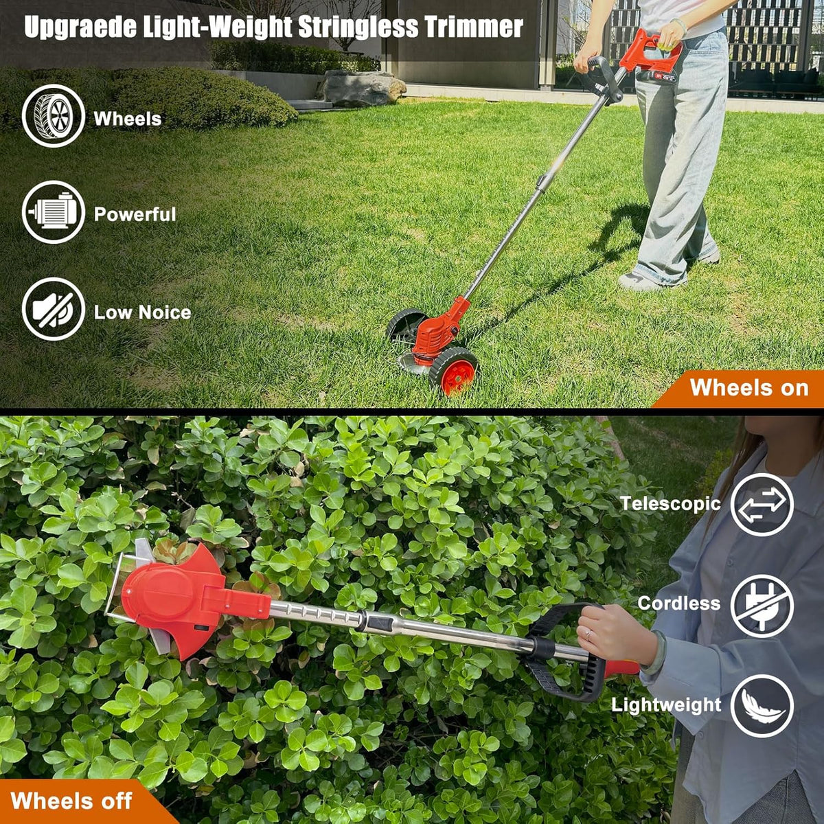 Cordless Weed Wacker Eater Battery Powered, 21V Electric Weed Trimmer with 2 Battery Operated & Charger & Wheels & Shears, 3 in 1 Lightweight No-String Grass Trimmer/Brush Cutter/Lawn Edger for Garden