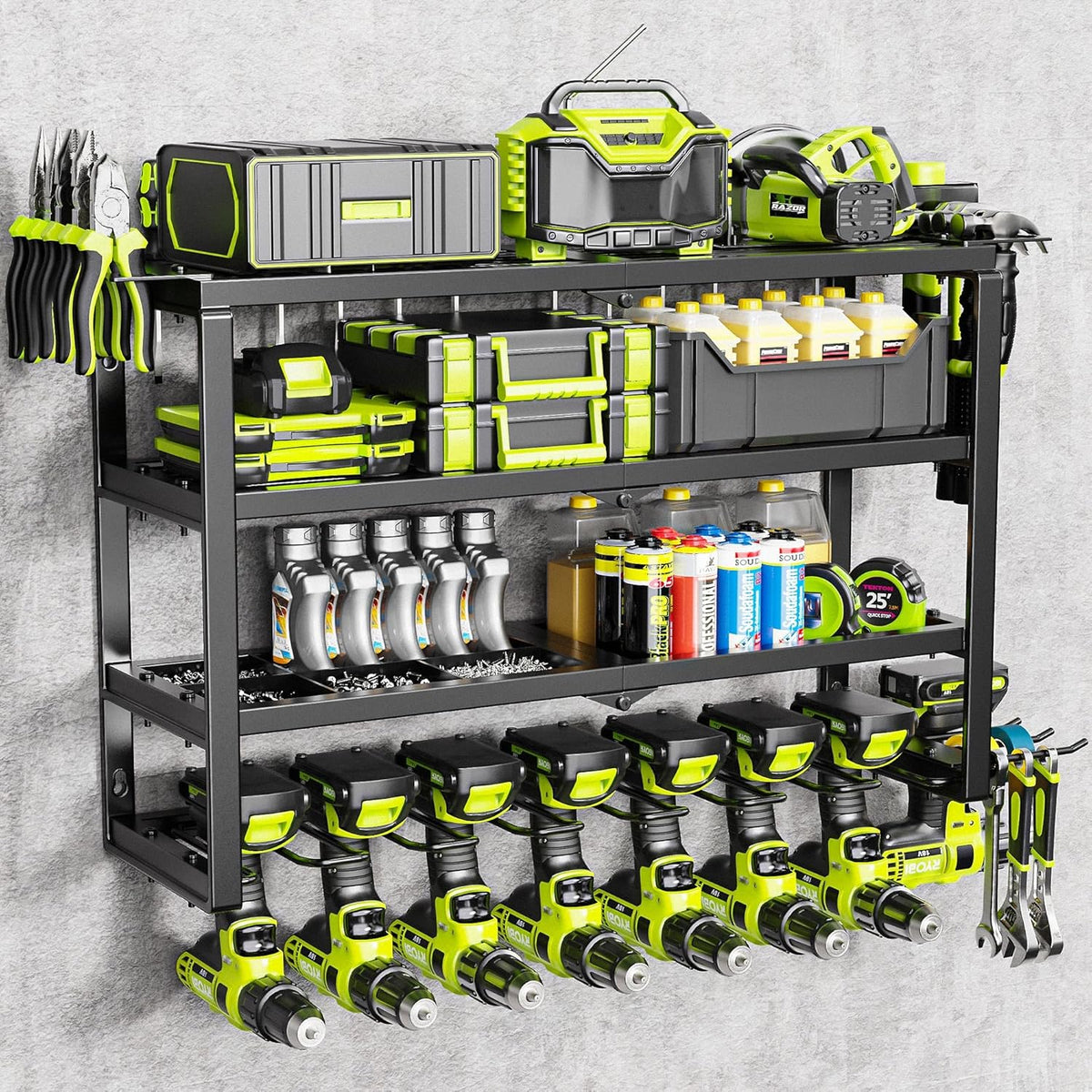 MAXIFFE 4 Layer Power Tool Organizer Wall Mount, Heavy Duty Metal Cordless Tool Organizers and Storage Rack Holder with 9 Drill Holders for Garage Storage Organization, Gifts for Men, Black, 26 inch