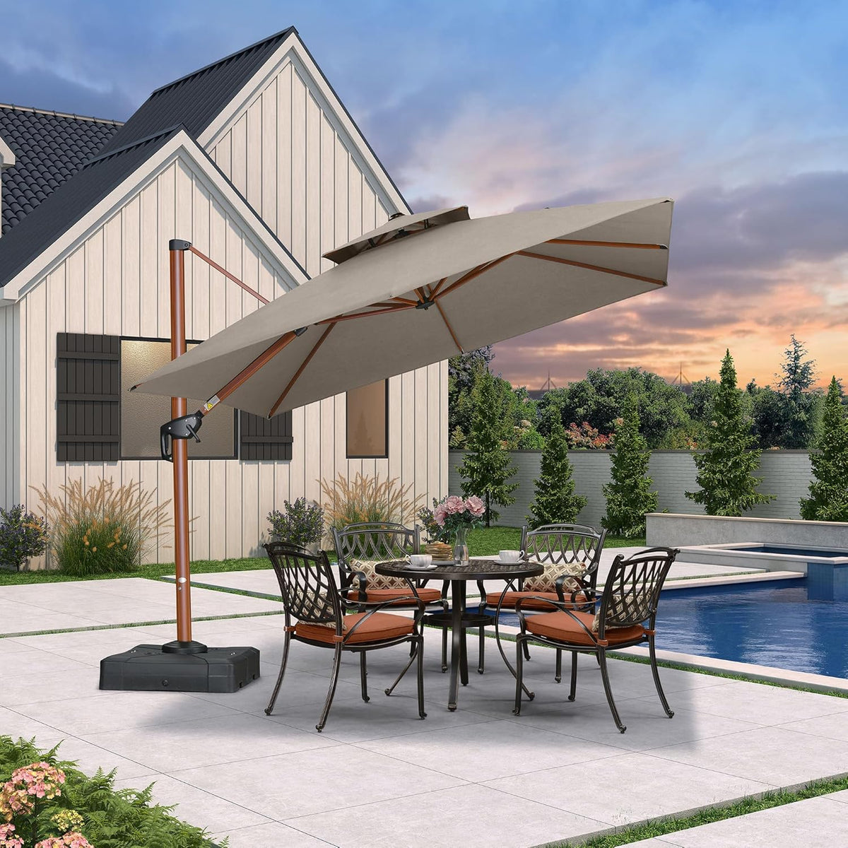 PURPLE LEAF 10' X 10' Patio Large Cantilever Umbrella Outdoor Square Wood Umbrellas Offset Umbrella Heavy Duty Sun Umbrellas for Garden Deck Pool, Heather Taupe