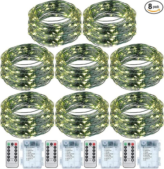 8 Pcs Battery Operated String Lights Outdoor String Lights 33 ft 100 LED Warm White Wire Green Battery Operated Fairy Lights with 8 Modes for Christmas Garden Patio Tree Decorations(8 Pcs,33 ft)