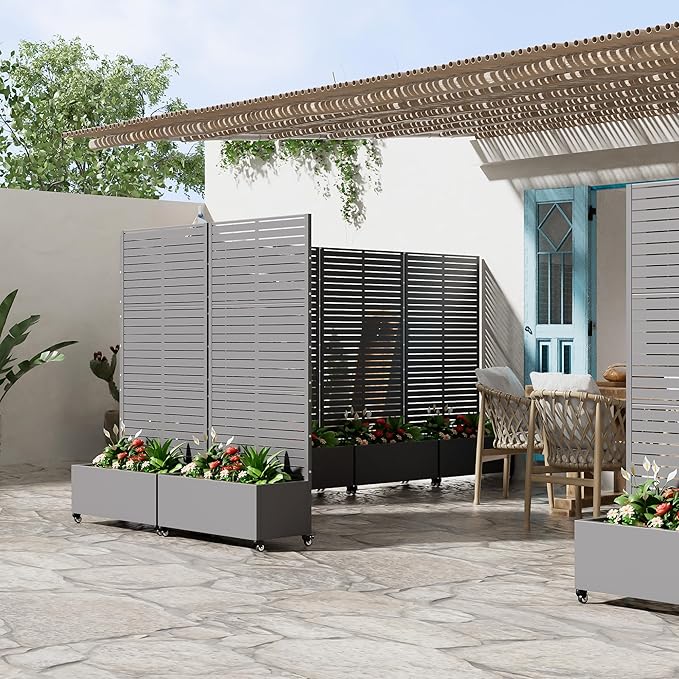 Casaphoria Metal Raised Garden Bed with Trellis and Wheels, 72"x35"x16" Planter Box for Climbing Plants, Vegetables & Vines, Features Drainage Holes and Privacy Screen (Grey-Louvered)