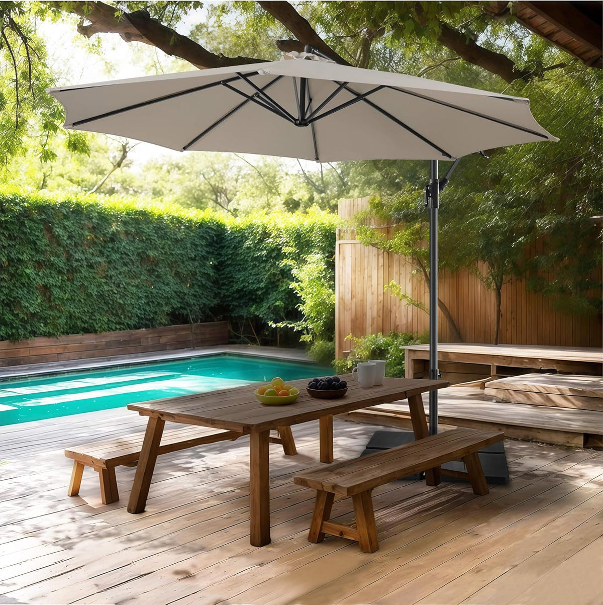 FLAME&SHADE 10ft Cantilever Patio Umbrella Outdoor, Large Offset Umbrella with Crank and Cross Base, UPF 50+ UV Protection Hanging Umbrella for Pool Deck Garden, Taupe