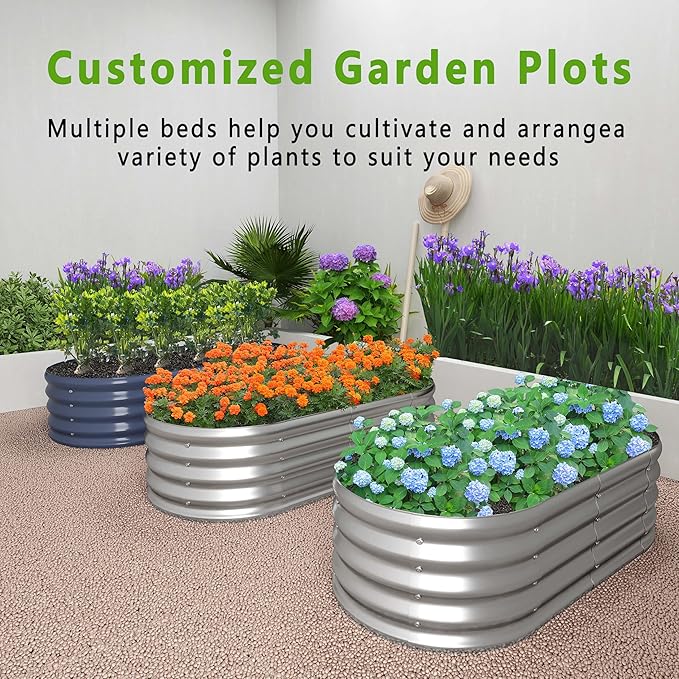 KFN 2PCS 12x1.8x1FT Galvanized Raised Garden Bed,Raised Garden Bed Kit-Oval Metal Vegetable Box,Large Planter Flower Boxes Outdoor,Planting for Vegetables,Flower,Herb,Sliver,0.7mm