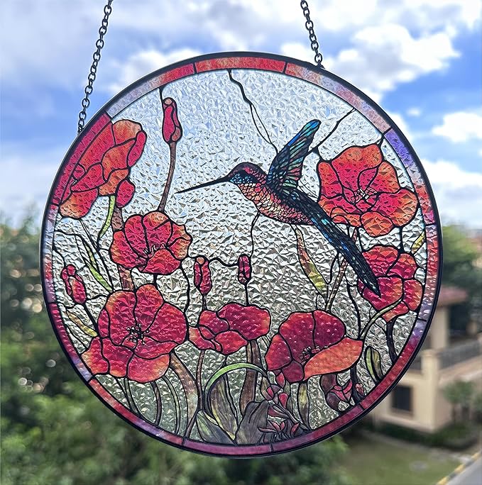 7.8'' Hummingbird Suncatcher Stained Glass Suncatchers - Originally Designed Hummingbird Red Poppies Ornament for Sun Catcher Indoor Window | Gifts for Hummingbird Lovers Painted Glass Panel Decor