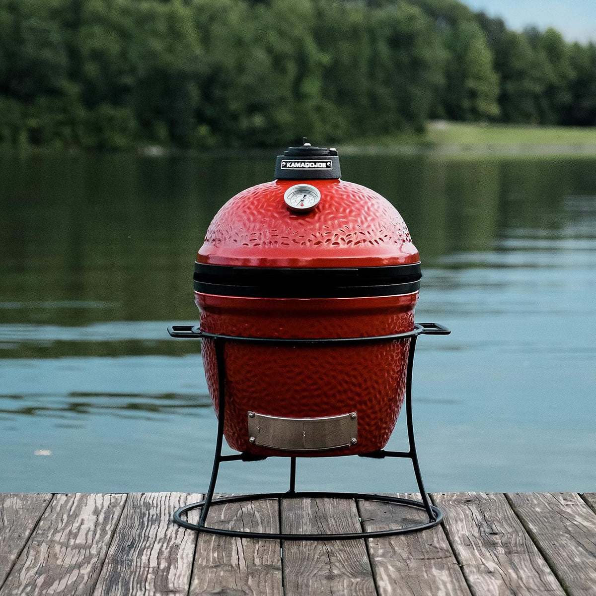 Kamado Joe KJ13RH Joe Jr. 13.5 inch Portable Charcoal Grill with Cast Iron Cart and Heat Deflectors, Blaze Red and Kamado Joe KJ15090620 Cast Iron Sear Plate