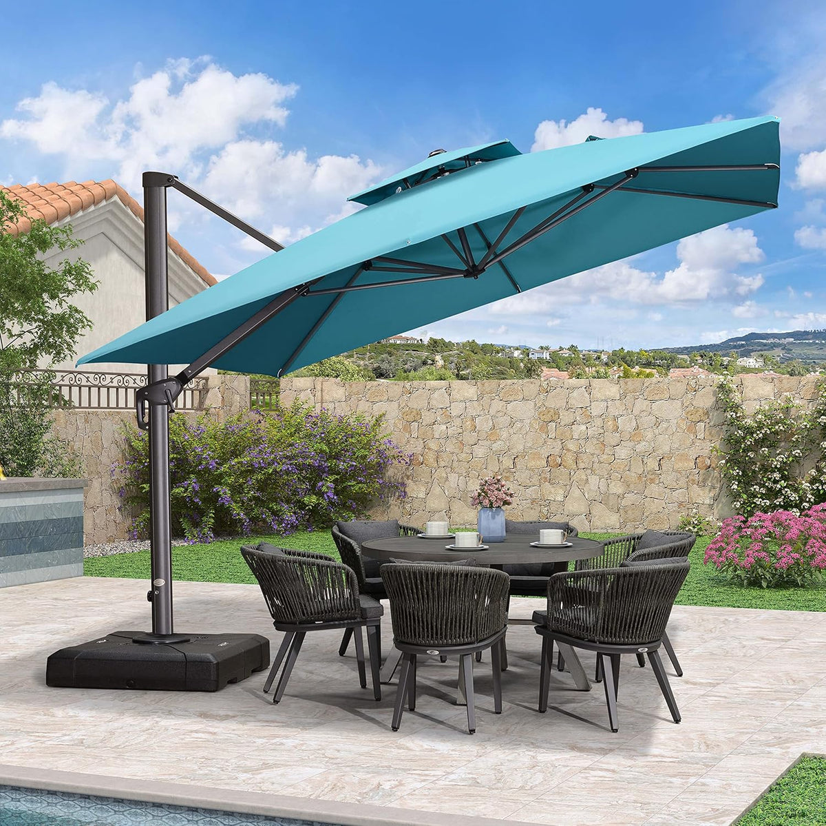 PURPLE LEAF 11FT Cantilever Outdoor Umbrellas Large Patio Umbrella Hanging Double Top Square Offset Umbrella with 360°Rotation Tilting Umbrella Outdoor Patio, Turquoise Blue
