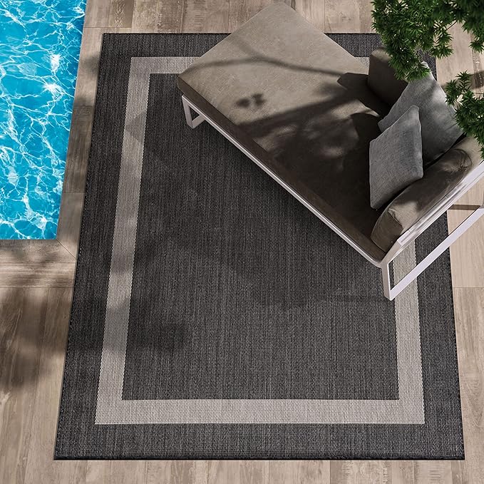 CAMILSON Outdoor Rug 9x12, Large Modern Outside Rugs for Patios Porches Waterproof Durable Washable Non-Shedding, Easy-to-Clean Indoor Outdoor Area Carpet (9 x 12, Bordered - Dark Gray/Light Gray)