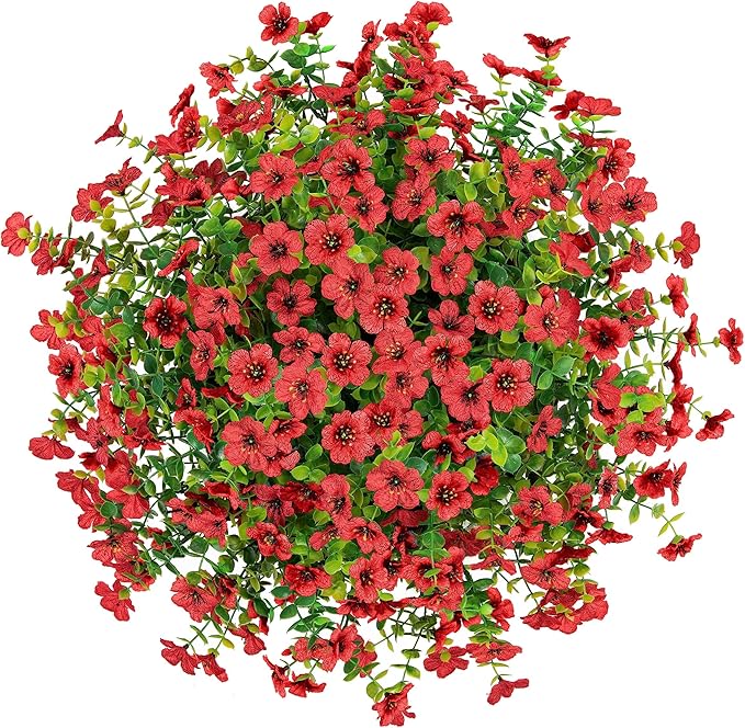 Artificial Fake Hanging Red Plants Flowers Basket for Outdoor Fall Winter Christmas, Faux Silk Daisy Mums Look Real UV Resistant for Outside Porch Home Patio Garden Yard Decoration