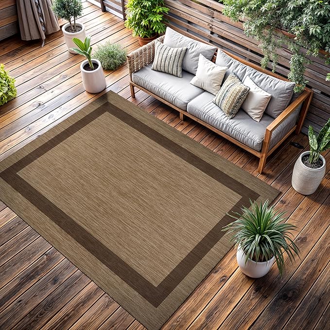 CAMILSON Outdoor Rug 10x14 - Large Modern Outside Rugs for Patios Porches Waterproof Durable Washable Non-Shedding, Easy-to-Clean Indoor Outdoor Area Carpet (10 x 14, Bordered - Jute)