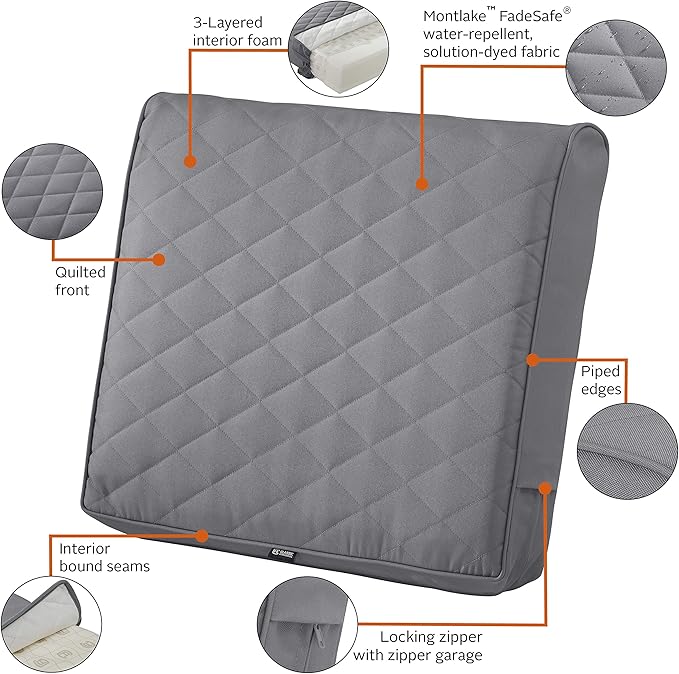 Classic Accessories Montlake FadeSafe Water-Resistant 21 x 20 x 4 Inch Wide Back Patio Quilted Lounge Cushion, Grey