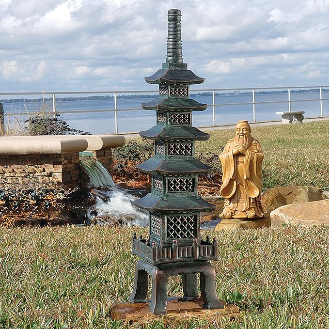 Design Toscano Nara Temple Pagoda Asian Decor Garden Statue, Large 28 Inch Tall, Cast Stone Resin, Verdigris Green Bronze Finish