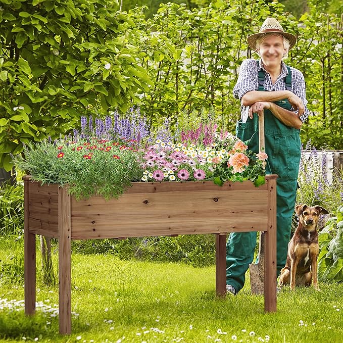 Yaheetech 1pc Raised Garden Bed 48x24x30in Elevated Wooden Horticulture Planter Box with Legs Standing Growing Bed for Gardening/Backyard/Patio/Balcony, Dark Brown