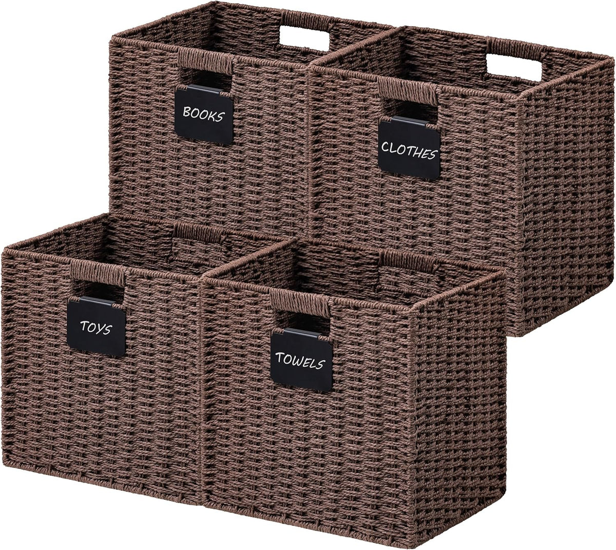 UBBCARE 4 Pack Wicker Basket, 10.5×10.5 Storage Cubes with Label, Foldable Cube Storage Bin with Handle, Square Storage Basket for Shelves, Woven Paper Rope Basket for Organizing, Brown